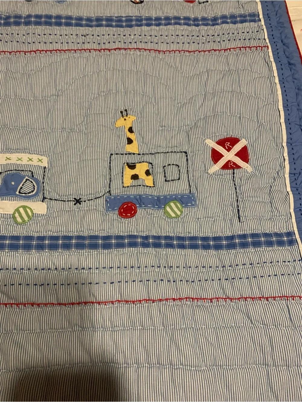 Pottery Barn Kids Toddler Quilt 36x50 Appliqué Trains Railroad Reverses Blue